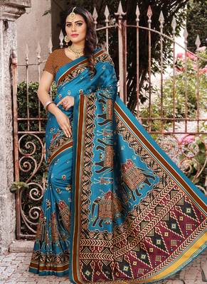 Digital print assami silk saree with jequared unstitched blouse and beautiful multicoloured thred work at pallu 3