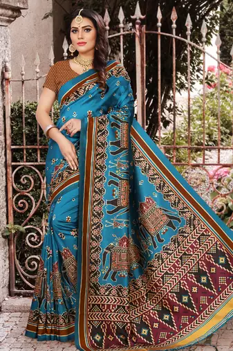 Digital print assami silk saree with jequared unstitched blouse and beautiful multicoloured thred work at pallu
