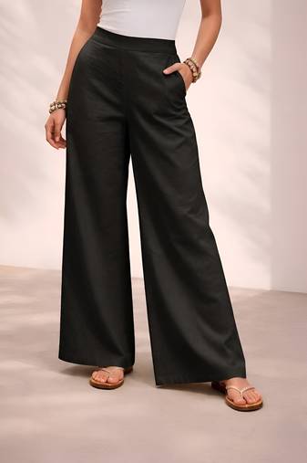 Black casual linen blend straight fit pants
