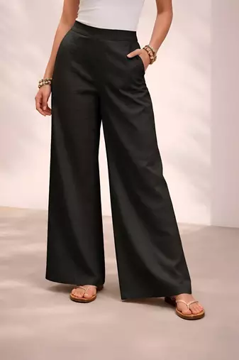 Black casual linen blend straight fit pants