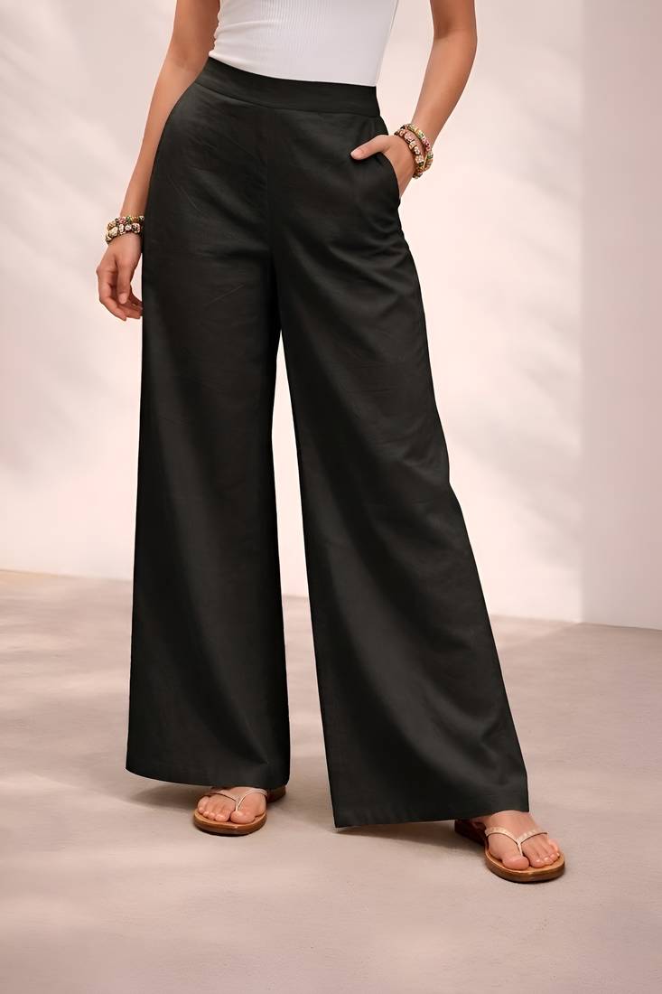 Black casual linen blend straight fit pants
