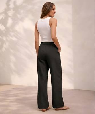 Black casual linen blend straight fit pants 2