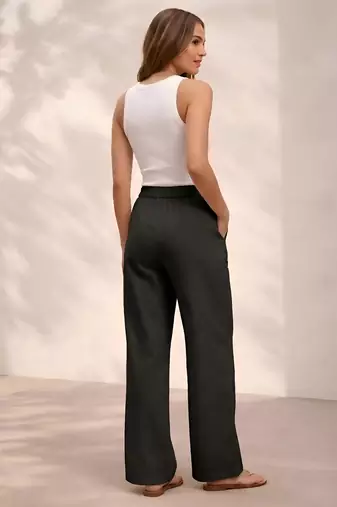 Black casual linen blend straight fit pants