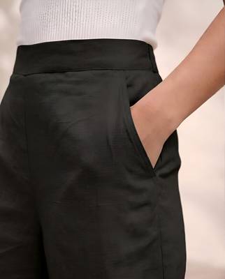Black casual linen blend straight fit pants 3