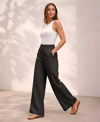 Black casual linen blend straight fit pants 4