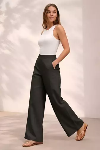 Black casual linen blend straight fit pants