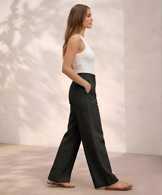 Black casual linen blend straight fit pants 5
