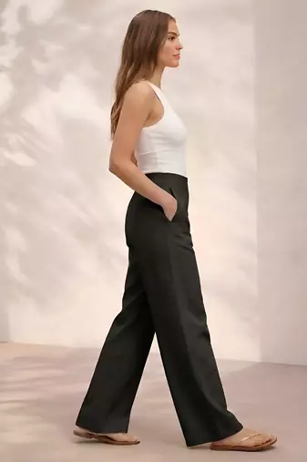Black casual linen blend straight fit pants