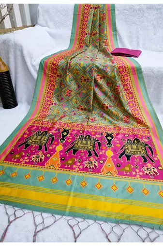 Digital print assami silk saree with jequared unstitched blouse and beautiful multicoloured thred work at pallu