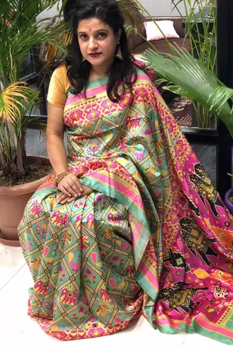 Digital print assami silk saree with jequared unstitched blouse and beautiful multicoloured thred work at pallu