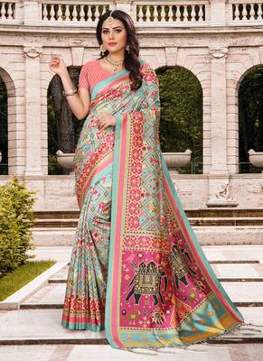 Digital print assami silk saree with jequared unstitched blouse and beautiful multicoloured thred work at pallu 4