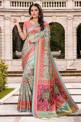 Digital print assami silk saree with jequared unstitched blouse and beautiful multicoloured thred work at pallu