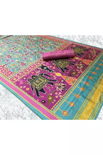 Digital print assami silk saree with jequared unstitched blouse and beautiful multicoloured thred work at pallu