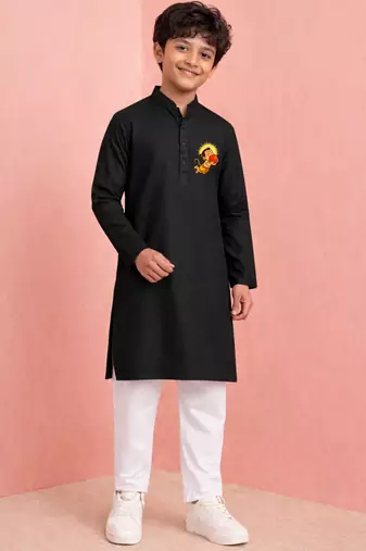 boys cotton black kurta pyjama set with bal hanuman print	