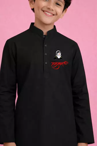 Boys black pure cotton kurta pyjama set     hanuman jayanti special print