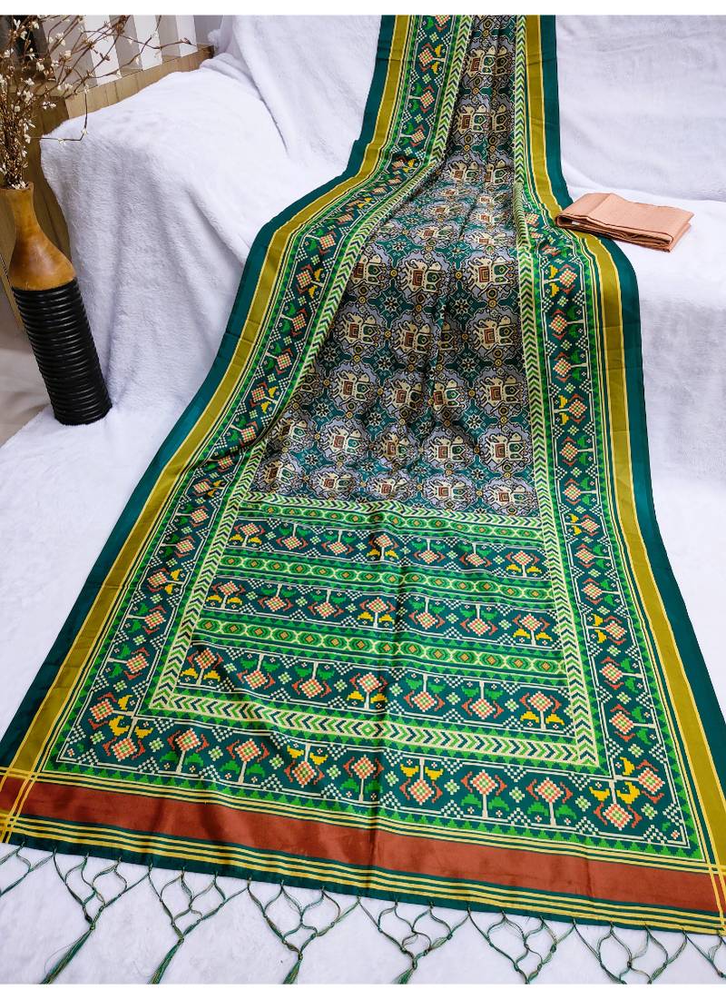 Digital print assami silk saree with jequared unstitched blouse and beautiful multicoloured thred work at pallu