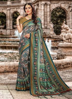 Digital print assami silk saree with jequared unstitched blouse and beautiful multicoloured thred work at pallu 3