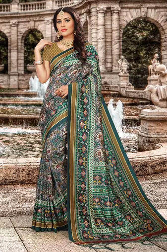Digital print assami silk saree with jequared unstitched blouse and beautiful multicoloured thred work at pallu
