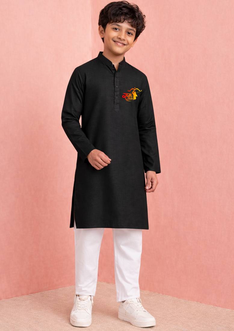 boys black cotton kurta pyjama set with ram navami print 