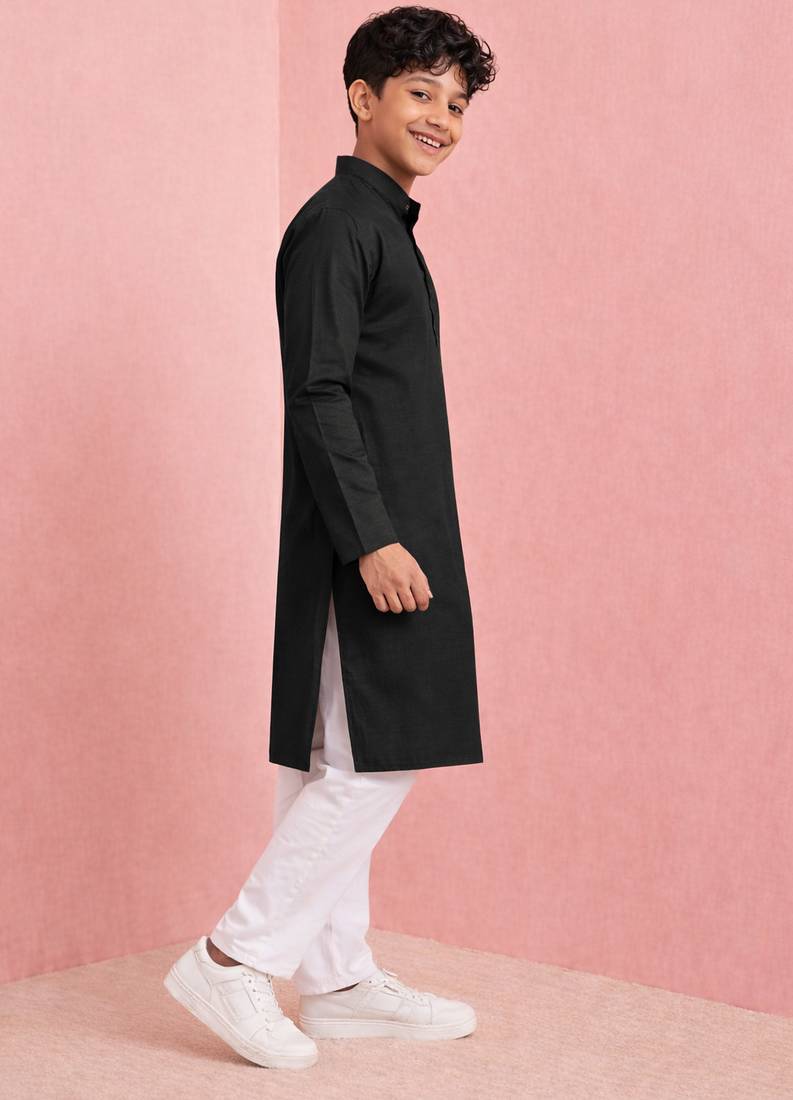 Boys black pure cotton kurta pyjama set     ram special print