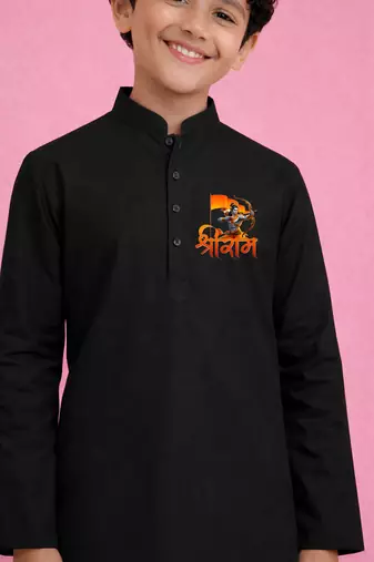 boys cotton black kurta pyjama set with shree ram print	