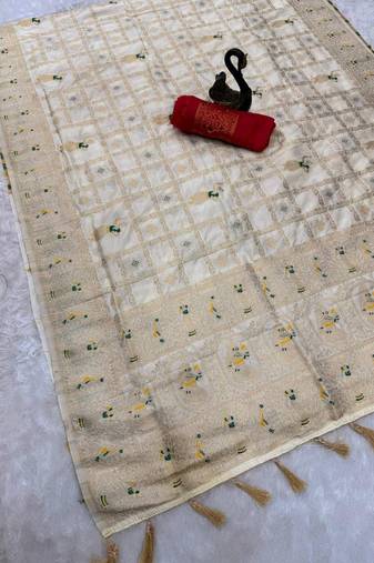 off white color zari weaving georgette silk saree for women