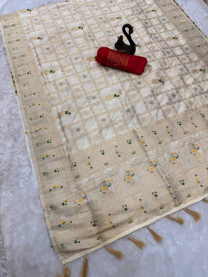 off white color zari weaving georgette silk saree for women