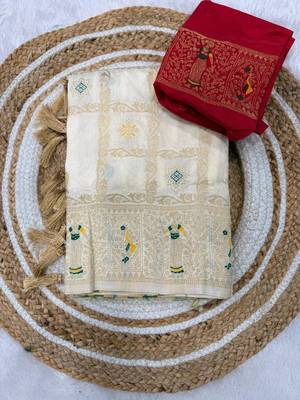 off white color zari weaving georgette silk saree for women 2