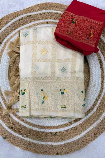 off white color zari weaving georgette silk saree for women