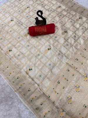 off white color zari weaving georgette silk saree for women 3