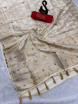 off white color zari weaving georgette silk saree for women 4
