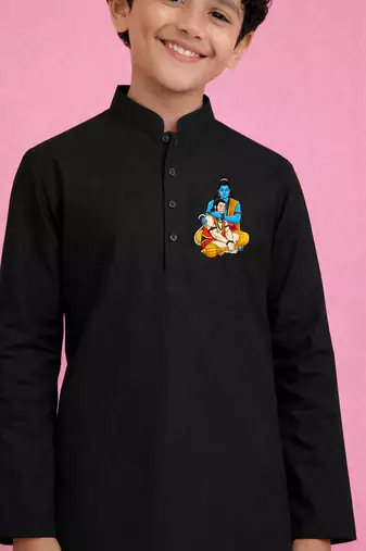 Boys black pure cotton kurta pyjama set     hanuman jayanti special print