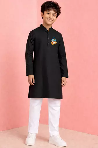 boys black cotton kurta pyjama set with ram hanuman print	