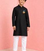 boys black cotton kurta pyjama set with ram hanuman print	