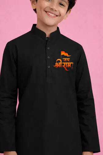 boys black kurta pyjama set with jai shree ram print	