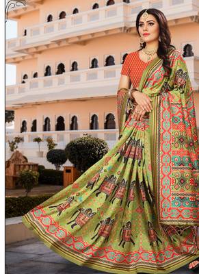 Digital print assami silk saree with jequared unstitched blouse and beautiful multicoloured thred work at pallu 9