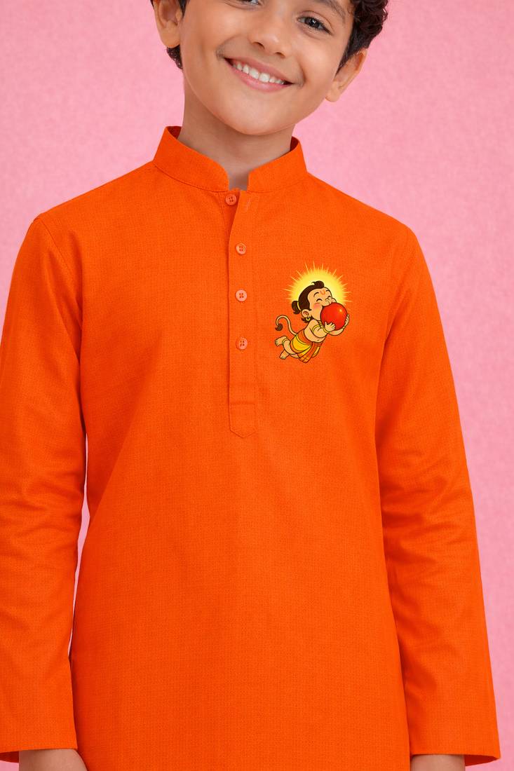 Boys orange pure cotton kurta pyjama set     hanuman jayanti special print