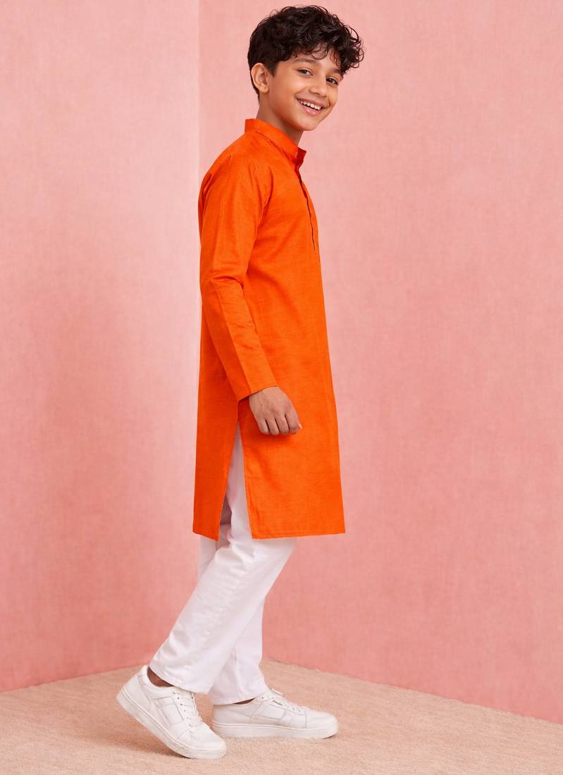 Boys orange pure cotton kurta pyjama set     hanuman jayanti special print