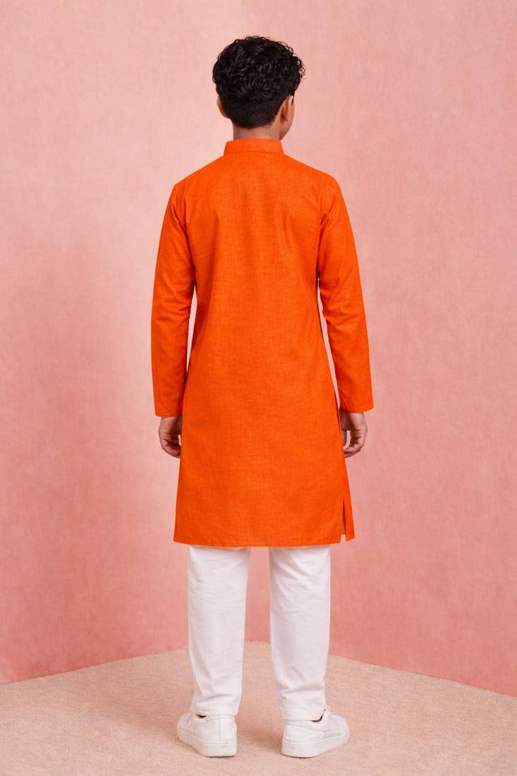 Boys orange pure cotton kurta pyjama set     hanuman jayanti special print