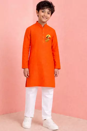 boys cotton orange kurta pyjama set with bal hanuman print