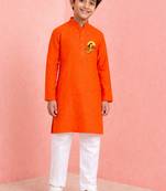 boys cotton orange kurta pyjama set with bal hanuman print