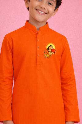 boys cotton orange kurta pyjama set with bal hanuman print 2