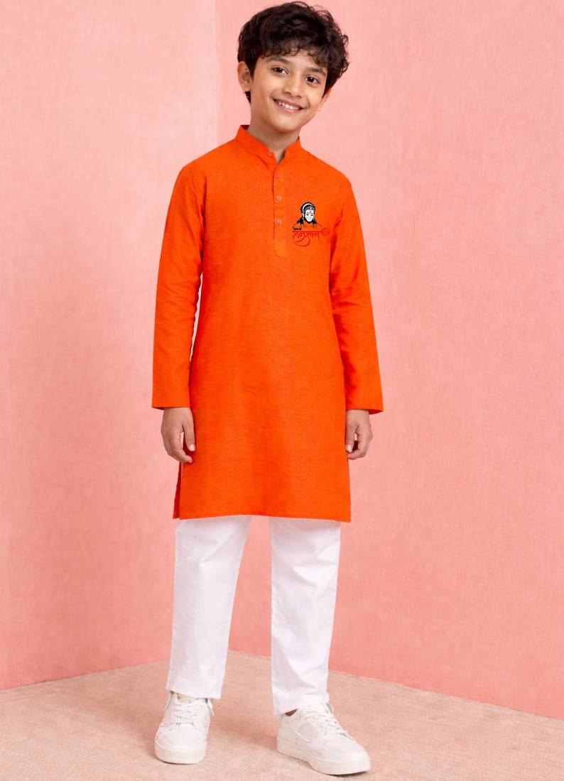 boys orange cotton kurta pyjama with hanuman print