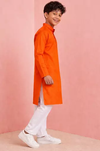 boys orange cotton kurta pyjama with hanuman print