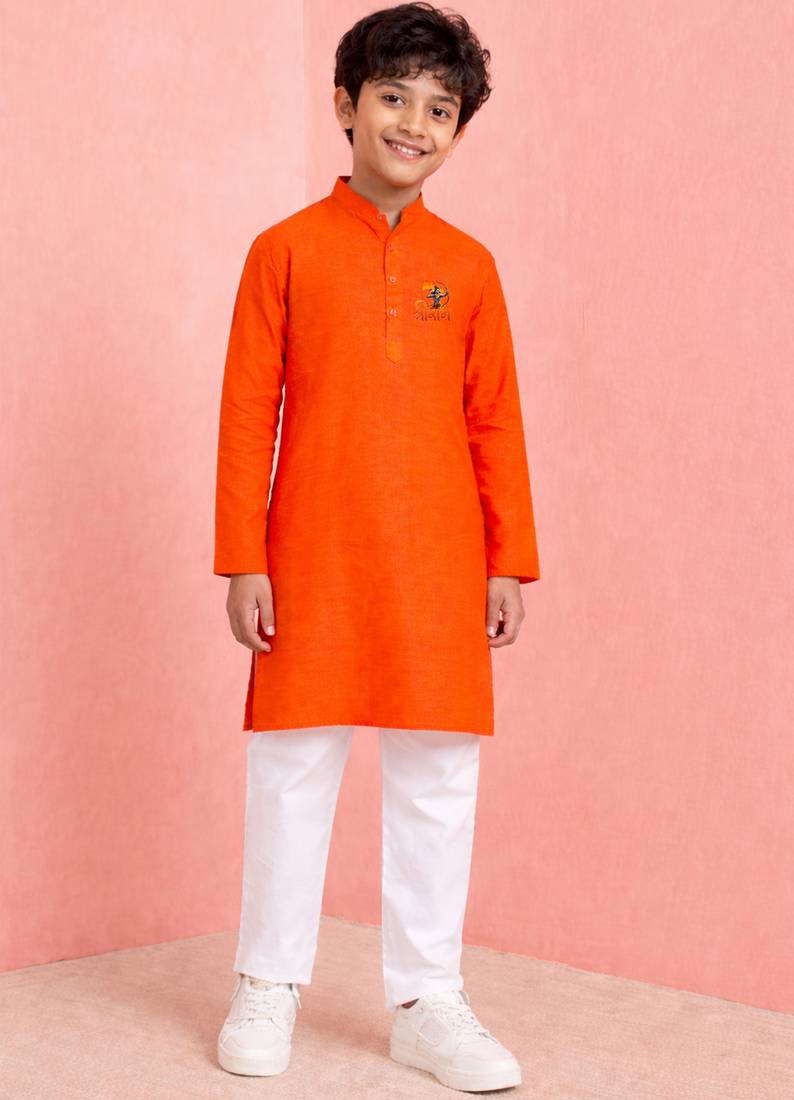 boys cotton orange kurta pyjama set with shree ram print