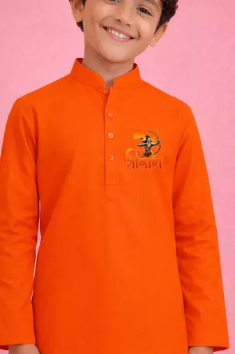 boys cotton orange kurta pyjama set with shree ram print