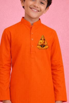 boys cotton orange kurta pyjama set with hanuman print 2
