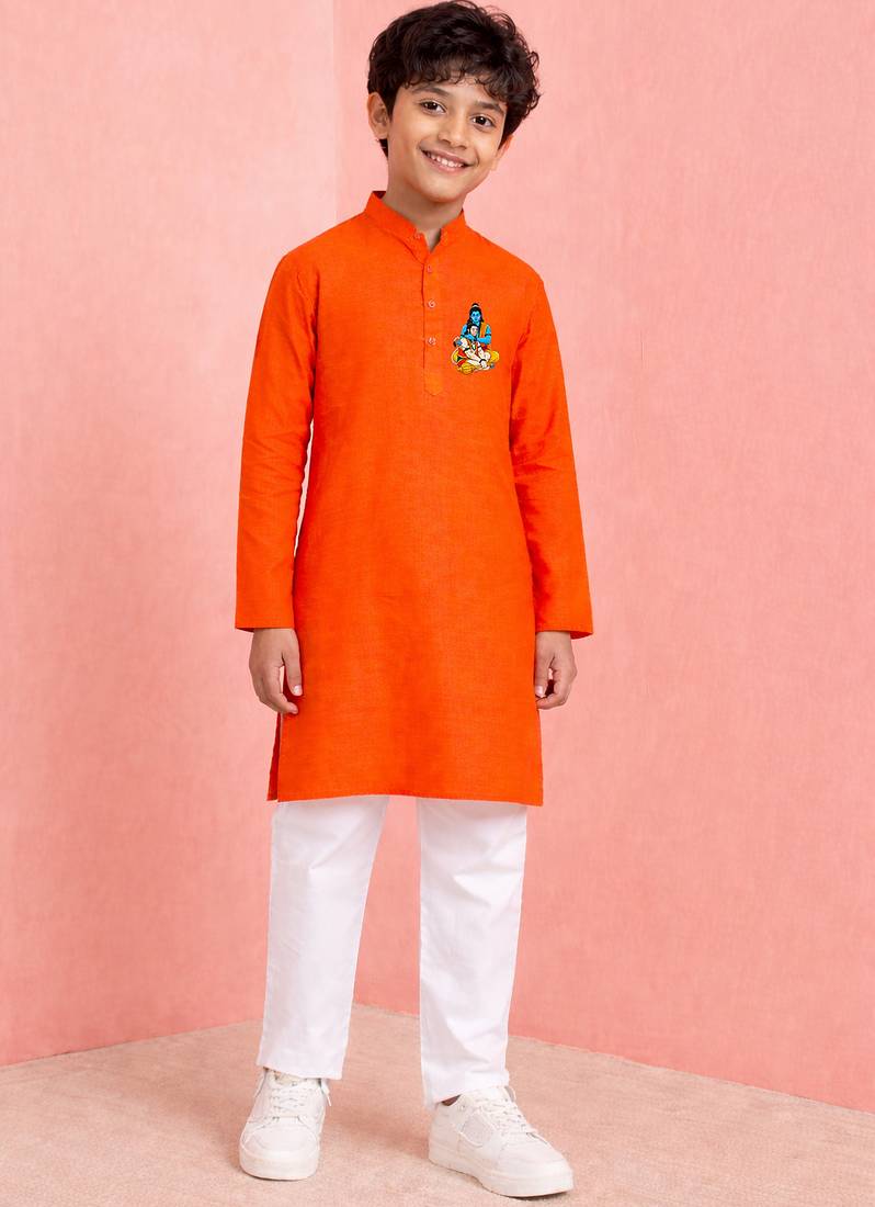boys orange cotton kurta pyjama set with ram hanuman print