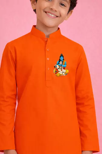 boys orange cotton kurta pyjama set with ram hanuman print