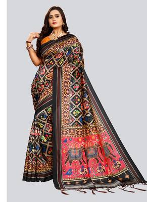 Digital print assami silk saree with jequared unstitched blouse and beautiful multicoloured thred work at pallu 2